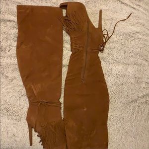 Cognac peep toe high boots